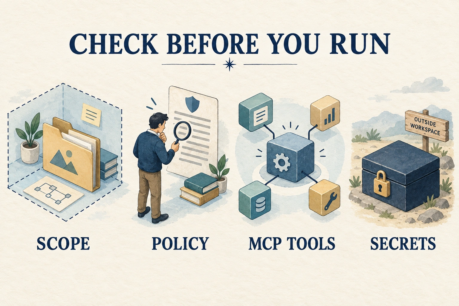Before running Claude Code, review workspace scope, loaded policies and MCP tools, and keep secrets outside the permitted scope.