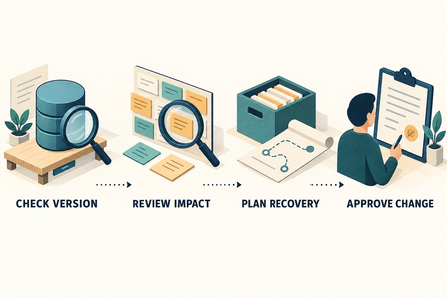 Check the database version, review affected features, plan recovery, then obtain approval before making changes.